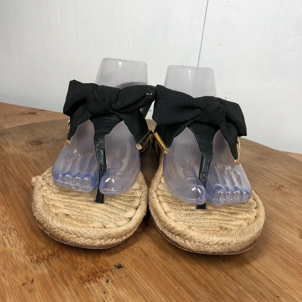 Tory Burch Womens size 7.5 shoes Thong Espadrilles Slingback Black Bow sandals